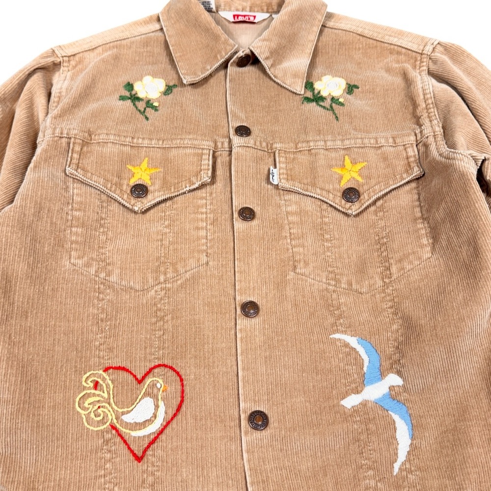 Levis OOAK Corduroy Trucker Jacket Girls 16 Women XS Boho Hand Embroidered Khaki - Picture 4 of 11
